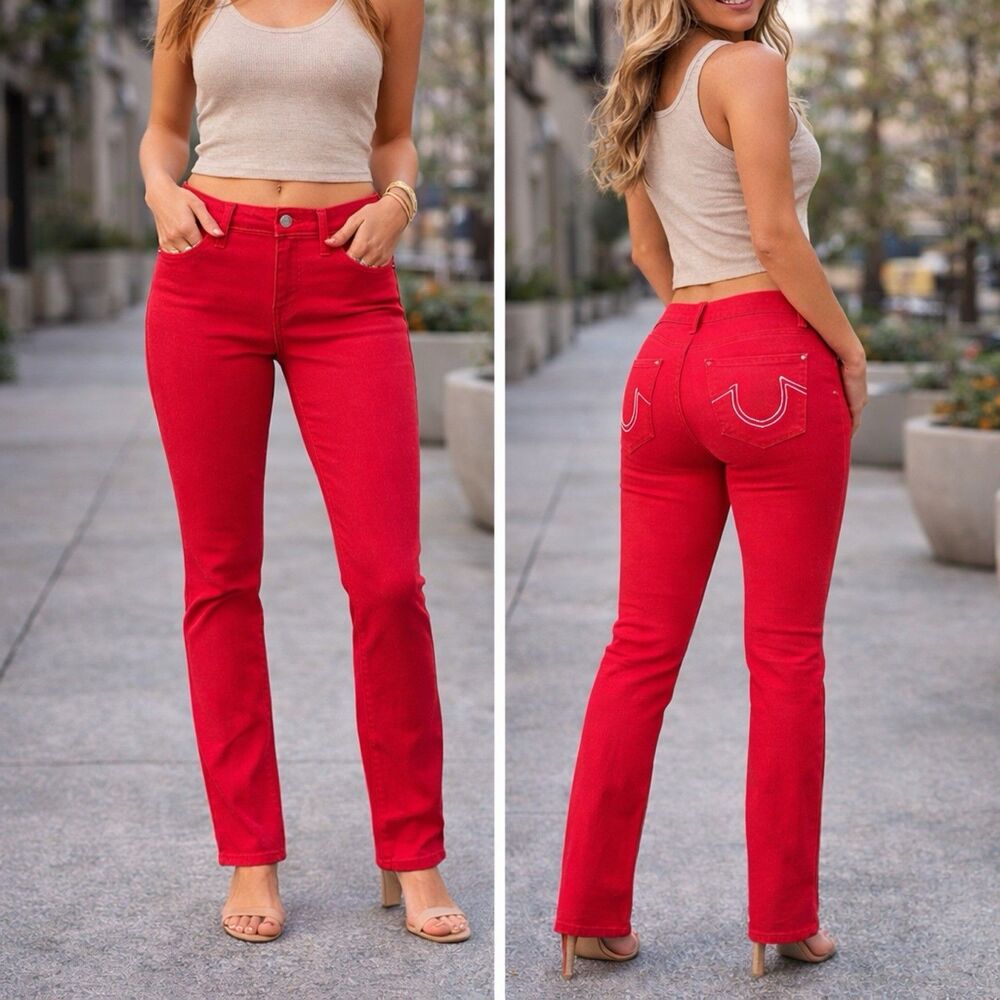 True Religion Size‎ XL Halle Runway Big T Skinny Jeans Red Stretch Denim Jegging